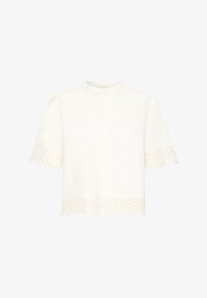 Blouse blanche à manches courtes avec ourlet festonné et manches ornées de broderie anglaise, petit col montant fermé par des boutons à l'avant.