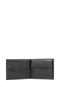 Zwarte leren portemonnee met meerdere kaartsleuven en een zijvak. Soepele textuur, opvouwbaar ontwerp en zichtbare stiksels.