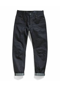 Jeans in denim scuro con taglio dritto, caratterizzati da risvolti e cuciture a contrasto. Tasche anteriori e chiusura con bottone in vita.