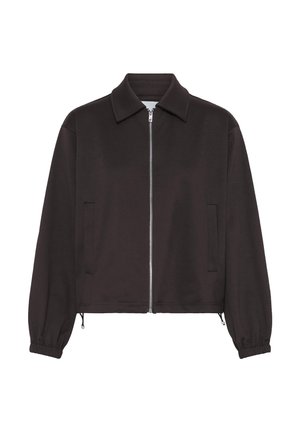 Mustast lukuga jope terava krae, pika varrukaga, elastsete mansettide, küljetaskute ja reguleeritavate paeltega ääres.