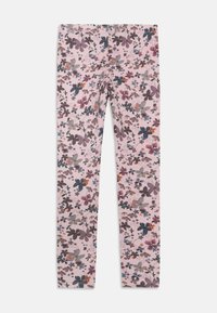 Leggings floreali in morbido tessuto rosa, con un motivo botanico multicolore con accenti grigi, viola e arancioni. Vestibilità elasticizzata, materiale leggero.