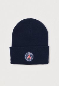 Tengerészkék kötött sapka hajtott szegéllyel, az elején a kerek Paris Saint-Germain logóval, textúrált anyagból és varrás nélküli kialakítással.