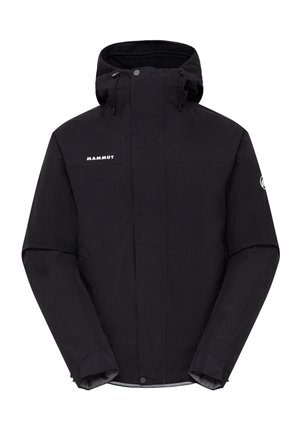 Veste imperméable noire avec capuche, fermeture éclair à l'avant et cordons de serrage. Présente le logo "Mammut" et deux poches latérales. Texture lisse.