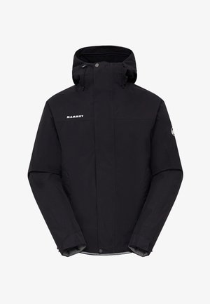 Zwarte waterdichte jas met een capuchon, rits aan de voorkant en koordjes. Voorzien van het "Mammut" logo en twee zijzakken. Gladde textuur.