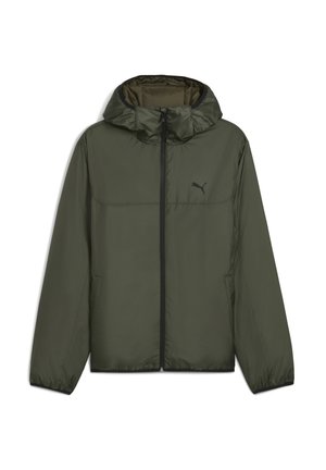 Olivegrüne, leichte Jacke mit Kapuze, Frontreißverschluss und schwarzen Akzenten. Verfügt über elastische Bündchen und Seitentaschen; glatte, glänzende Textur.