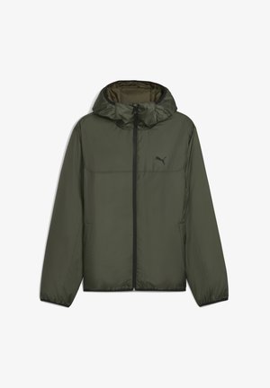 Olivno zelena lahka jakna s kapuco, sprednjim zadrgo in črnimi detajli. Ima elastične manšete in stranske žepke; gladka in sijajna tekstura.