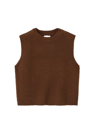 Gilet sans manches brun en tricot avec col rond et un tissu texturé et duveteux sur un fond blanc.