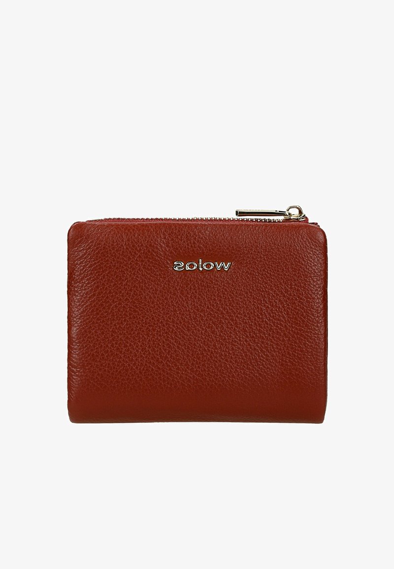 Leren portemonnee in donkerrood met een textuurafwerking. Voorzien van een ritssluiting en de merknaam in gouden letters op de voorkant.