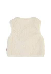 Flauschige cremefarbene Fleece-Weste mit gestepptem Muster und weißen Akzenten. Mit kurzen Ärmeln und einem flachen Saum ohne Verschlüsse.
