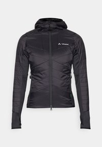 Giacca isolante nera con un design quilted geometrico, dotata di zip frontale, cappuccio e maniche nere a contrasto. Logo Vaude sul petto.