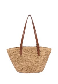 Sac fourre-tout en paille tissée avec une base large et deux longues bretelles en cuir marron ornées de détails à boucle.