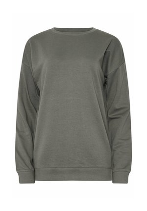 Olive green sweatshirt made of soft cotton blend, featuring a crew neck, long sleeves, and ribbed cuffs and hem. Simple design with no patterns.