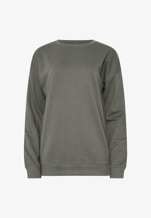 Oliwkowy sweter z miękkiej mieszanki bawełny, z okrągłym dekoltem, długimi rękawami oraz ściągaczami przy rękawach i u dołu. Prosty design bez wzorów.