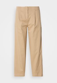Pantalon beige taille haute à jambes droites avec plis à l'avant et fermeture éclair dissimulée, présenté sur fond blanc.