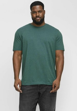 Groene katoenen T-shirt met korte mouwen, ronde halslijn en een ontspannen pasvorm, gecombineerd met donkere jeans, vastgehouden door een persoon tegen een effen achtergrond.
