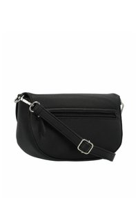 Borsa a tracolla in pelle nera con superficie testurizzata, tracolla regolabile e tasca con zip frontale. Design compatto e arrotondato con dettagli in hardware argentato.