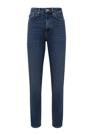 Dark blue denim jeans with a high waist, straight leg design, five pockets, and visible stitching. The fabric has a textured finish.