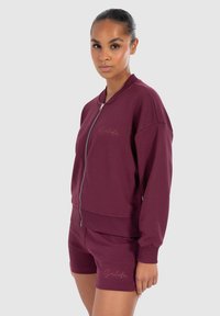 Sweatshirt bordeaux avec fermeture éclair à l'avant et poignets côtelés, associé à un short assorti arborant un détail de logo brodé. Texture lisse.