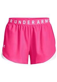 Shorts deportivos rosa con una cinturilla elástica blanca que presenta el texto "UNDER ARMOUR", fabricados en un tejido suave y ligero, con acentos laterales blancos.