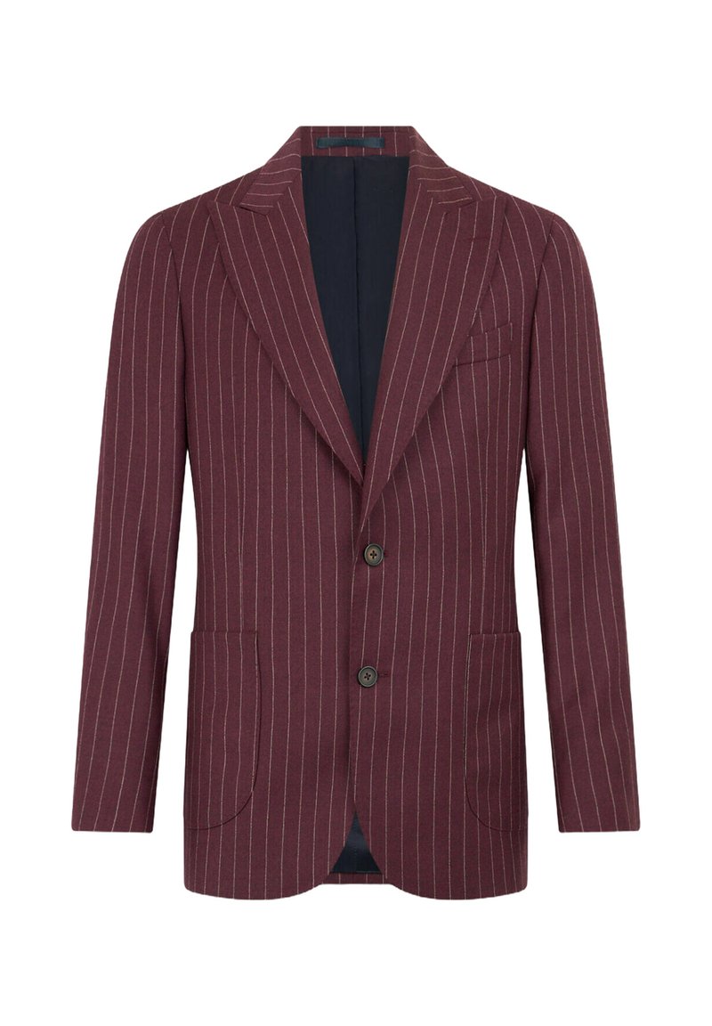 Bordový blazer s vertikálními bílými pruhy, jednořadý design, klopy, dvě přední kapsy a zapínání na dva knoflíky.