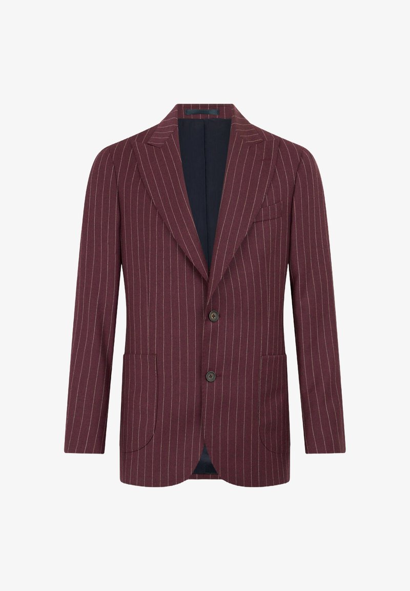 Bordový blazer s vertikálními bílými pruhy, jednořadý design, klopy, dvě přední kapsy a zapínání na dva knoflíky.