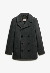Abrigo de mezcla de lana gris con cuello de muesca, cierre de botones de doble pecho, dos bolsillos laterales y un patrón de espiga texturizado.