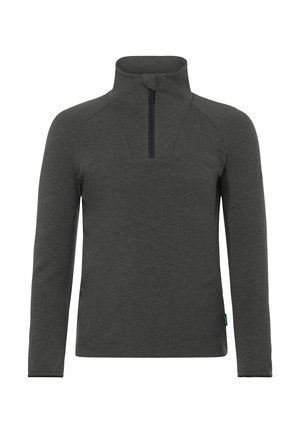 Pull à manches longues gris foncé avec un col montant et une courte fermeture éclair devant, fabriqué dans un tissu lisse et extensible.