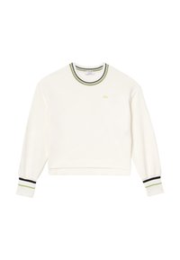 Felpa bianca con maniche lunghe, colletto a coste con righe verde neon e nere, e piccolo logo sul petto.