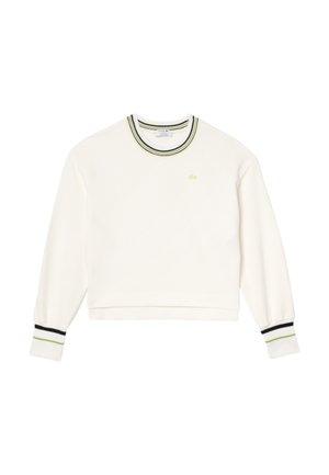 Sudadera blanca de manga larga, con cuello acanalado que presenta rayas en verde neón y negro, y un pequeño logotipo en el pecho.