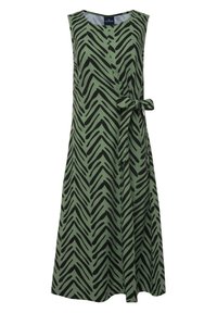 Ärmelloses Kleid in Grün mit schwarzem Zickzackmuster, ausgestattet mit einem runden Ausschnitt, vorderen Knöpfen und einem Taillendetail.