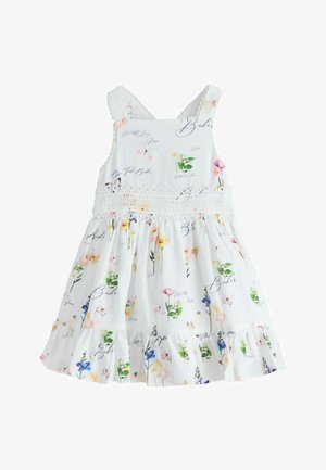 Rochie albă fără mâneci cu imprimeu floral și fluturi, dantelă în talie și tiv cu volane.