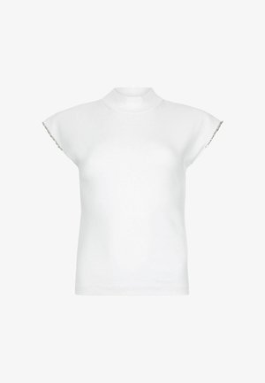 Weißes Kurzarmoberteil mit einem schlichten Kragen. Glatte Textur. Dekorative Akzente an den Schultern mit einem subtilen Glanz. Klassische Passform.