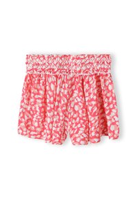Pantaloni corti rosa con vita arricciata, caratterizzati da un motivo astratto bianco, in un tessuto leggero e con un design arricciato per una vestibilità ampia.