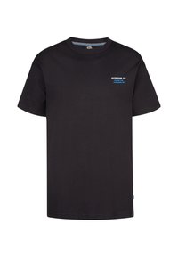Camiseta de algodón negra con mangas cortas y cuello redondo. Presenta un texto azul claro en la parte frontal. Textura suave y corte estándar.