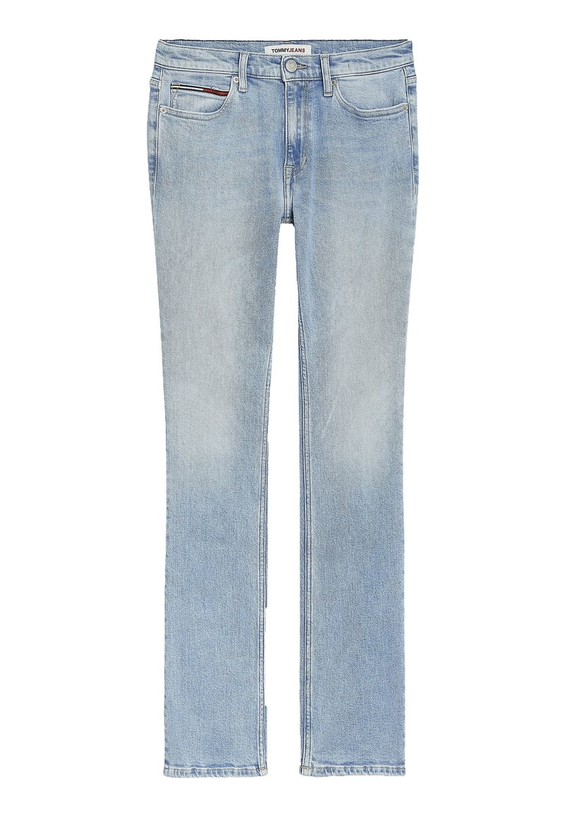 Jasnoniebieskie dżinsy o prostym kroju, z pięcioma kieszeniami i delikatną wyblakłą fakturą. Minimalna marka na pasie.