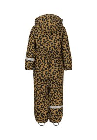 Børns brune og sorte leopardprint snowsuit med hætte, elastiske manchetter, reflekterende bånd på ærmet og benet samt fodstropper, set bagfra.