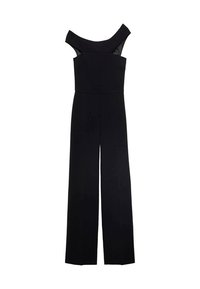 Schwarzer Jumpsuit mit schulterfreier Ausschnitt und weit geschnittenen Beinen. Hergestellt aus glattem Stoff mit durchsichtigen Seitenpaneelen.