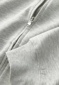 Světle šedá mikina se zipem, hladkým a měkkým povrchem a žebrovanými manžetami. Obsahuje stříbrný kovový zip na přední straně.