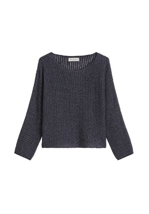 Pull en maille gris foncé à manches longues avec un col rond et une coupe légèrement raccourcie et ample.