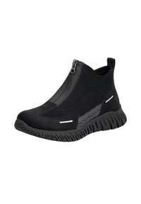 Czarne buty sportowe wsuwane z zamkiem błyskawicznym, oddychająca siateczka wierzchnia, teksturowane akcenty oraz elastyczna gumowa podeszwa z falistym wzorem.