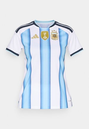 Argentina national team jersey with vertical blue and white stripes, short sleeves, crew neckline, Adidas logo, and FIFA 2022 emblem.