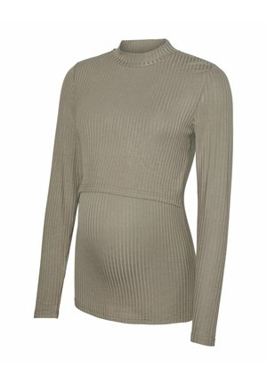 Haut de maternité à manches longues en tissu côtelé vert olive. Il présente un col haut et une coupe ajustée pour un confort optimal pendant la grossesse.