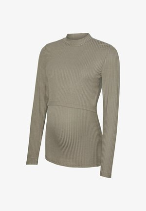 Graviditet långärmad topp i olivgrön ribbad tyg. Har hög hals och figurnära design för komfort under graviditeten.