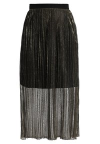 Jupe plissée noire avec une taille élastique, en tissu texturé transparent, et une doublure intérieure partiellement contrastante.