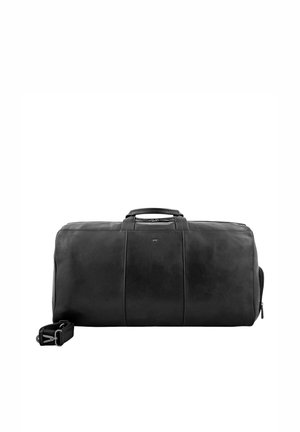 Schwarze Leder-Duffel-Tasche mit glatter Oberfläche, doppelten Griffen, abnehmbarem Schultergurt und einem Reißverschluss oben. Verfügt über dezente Steppnähte.