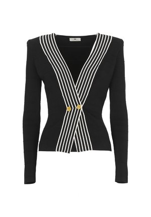 Top nero a maniche lunghe aderente con profondo scollo a V bordato da strisce verticali bianche e due bottoni dorati incrociati in vita.