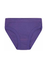 Lila Baumwollunterhose mit glatter Textur, ausgestattet mit elastischem Bund und Beinausschnitten, und einem schlichten Design ohne Muster oder Verzierungen.