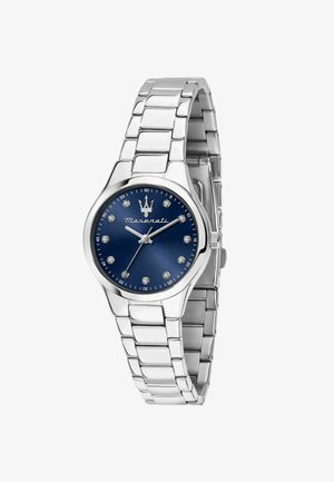 Orologio in acciaio inossidabile argentato con quadrante rotondo blu, indicatori simili a diamanti e bracciale in metallo lucido. Presenta una corona e un logo a ore 12.