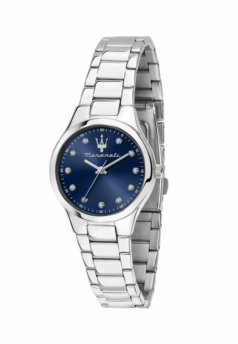 Orologio in acciaio inossidabile argentato con quadrante rotondo blu, indicatori simili a diamanti e bracciale in metallo lucido. Presenta una corona e un logo a ore 12.