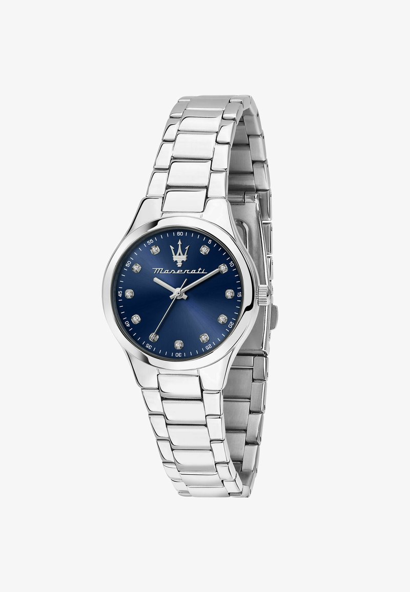 Orologio in acciaio inossidabile argentato con quadrante rotondo blu, indicatori simili a diamanti e bracciale in metallo lucido. Presenta una corona e un logo a ore 12.